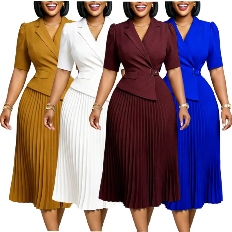 Robe de bureau tendance col V | Coupe A-Line mi-longue | Tissu respirant anti-rides