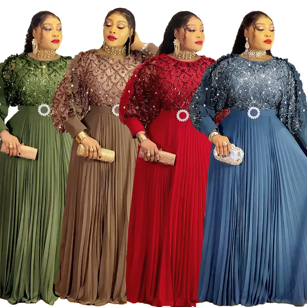 Robe Maxi Luxe Paillettes & Manches Lanternes + Ceinture | Élégante Soirée Femme