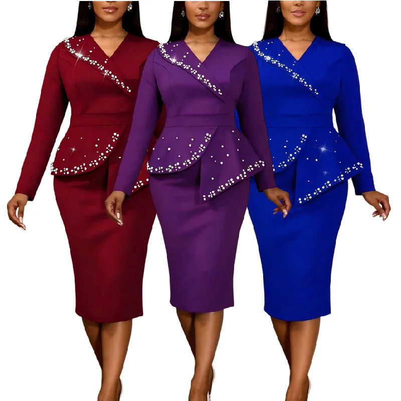 Robe de Soirée Luxe AM050765 – Col V, Manches Longues, Strass & Perles