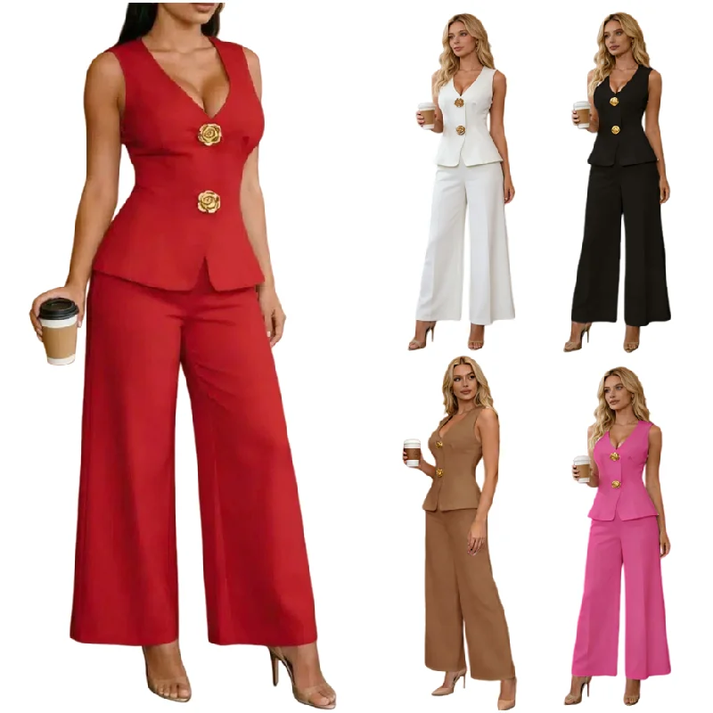 Ensemble tailleur femme Y9643 – Blazer sans manches boutons dorés & pantalon large | Bureau & Affaires
