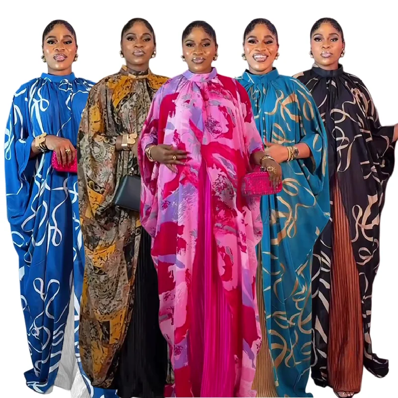 Boubou Africain Femme S11159 – Robe + Ensemble Intérieure Imprimé Floral Manches Longues