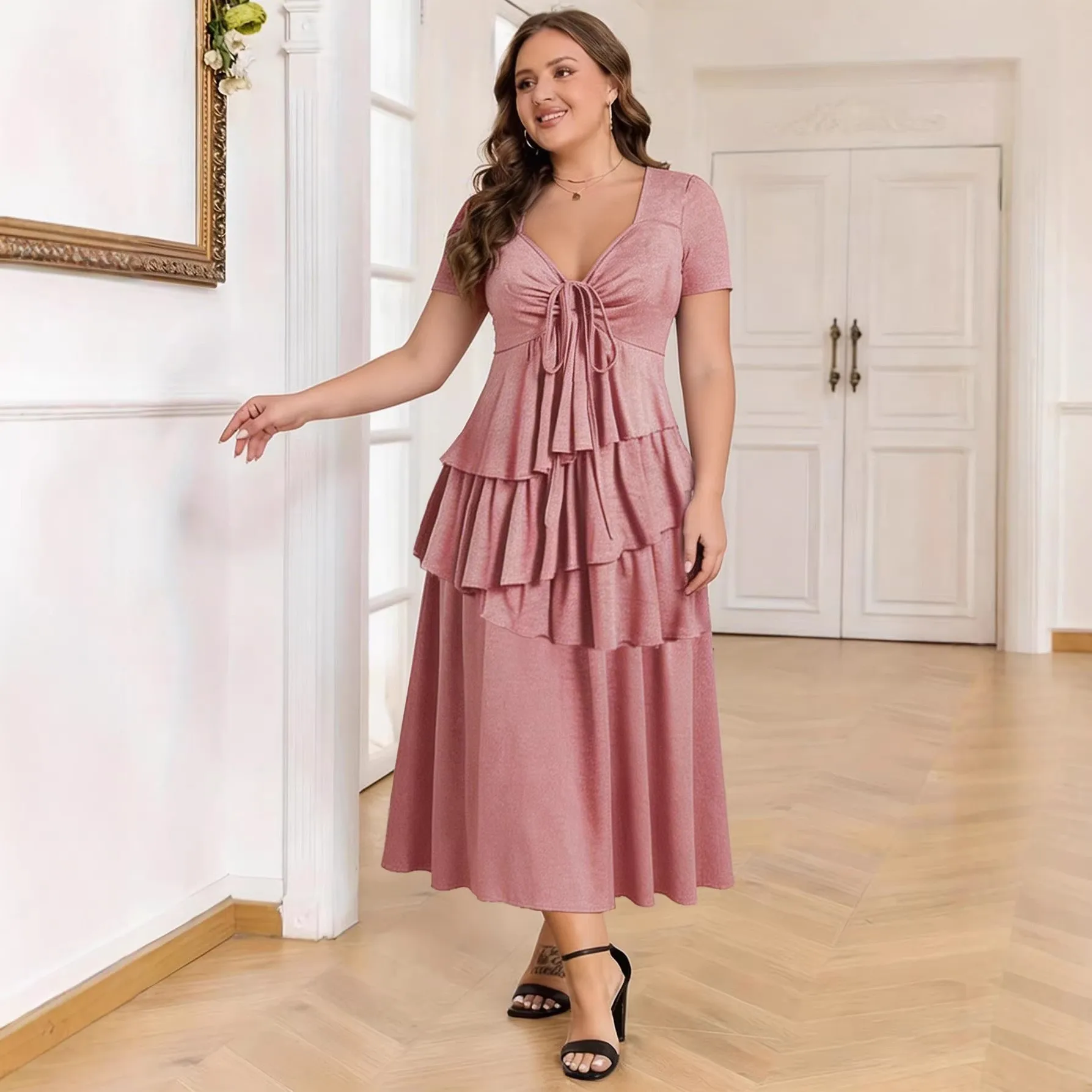 Robe Maxi Grande Taille Femme – Volants Irréguliers & Lacets, Manches Courtes, Style Décontracté Été