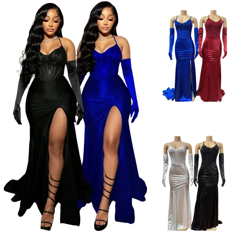 Robe de soirée longue Y8415 – Bretelles fines, col V, ornements de perles & ruché