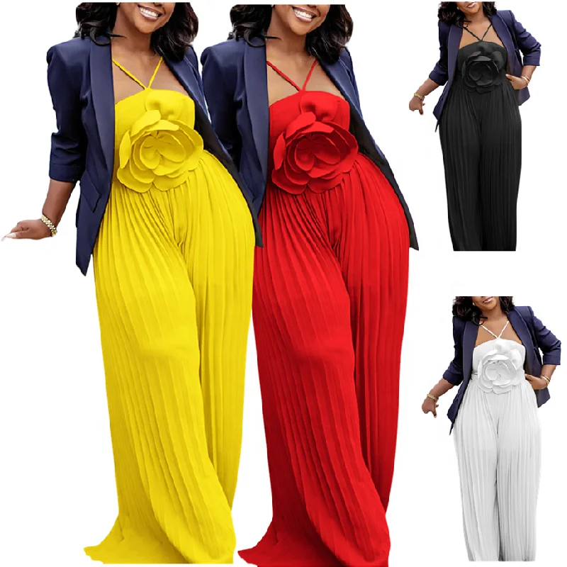 Combinaison Femme Halter Jambes Larges Plissée Fleur Style Africain – Taille Haute Sans Manches