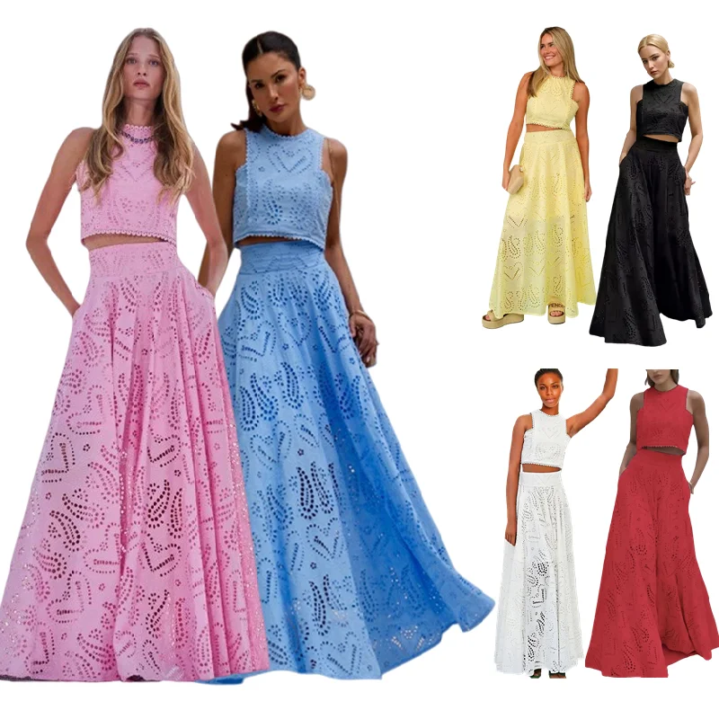 Ensemble 2 pièces femme Y9631 – Haut dentelle brodée sans manches & jupe longue maxi