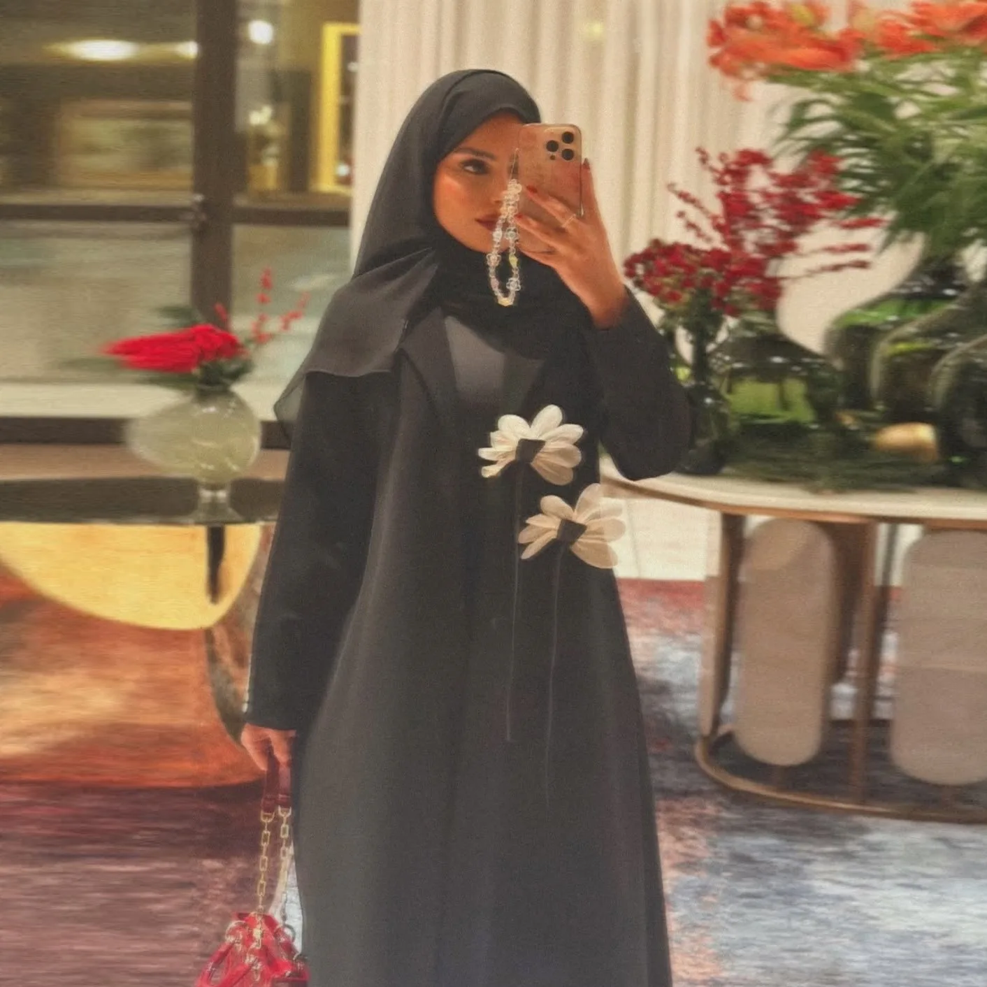 Abaya Ouverte Femme MQ272 – Robe Islamique Florale 3D Noire | Style Dubaï