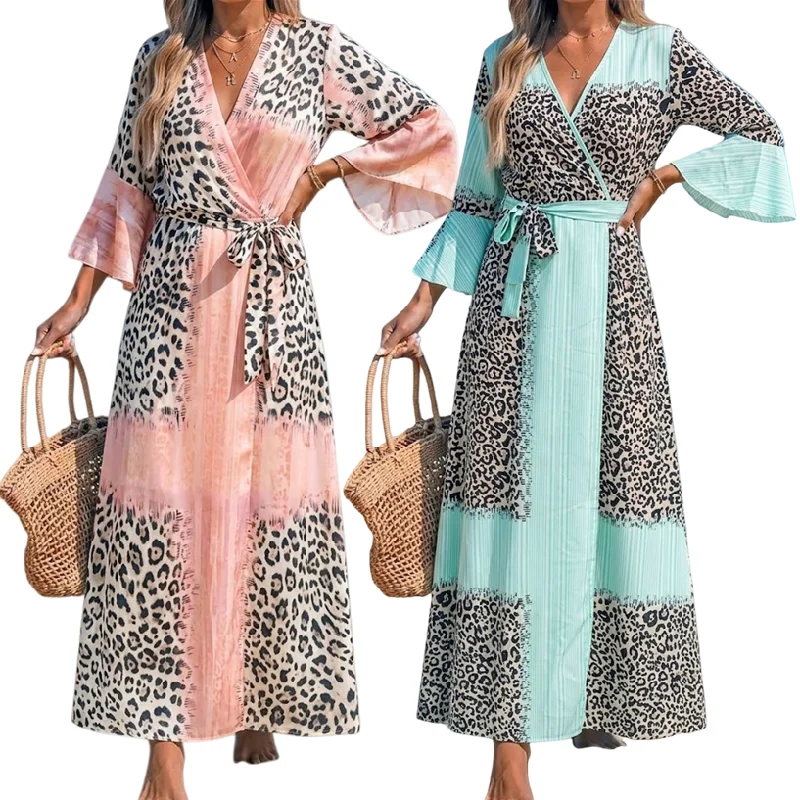 Robe Maxi Femme Imprimé Léopard Col V Manches Évasées – Élégante & Décontractée