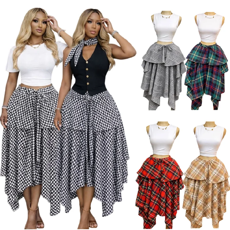 Jupe longue asymétrique femme taille haute imprimé écossais – Style Streetwear tendance