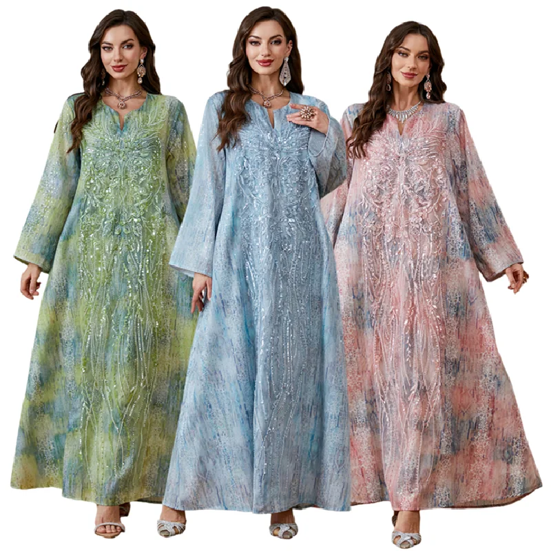 Robe Abaya Brodée Sequins & Perles AB560 – Kaftan Dubai Élégant pour Femme