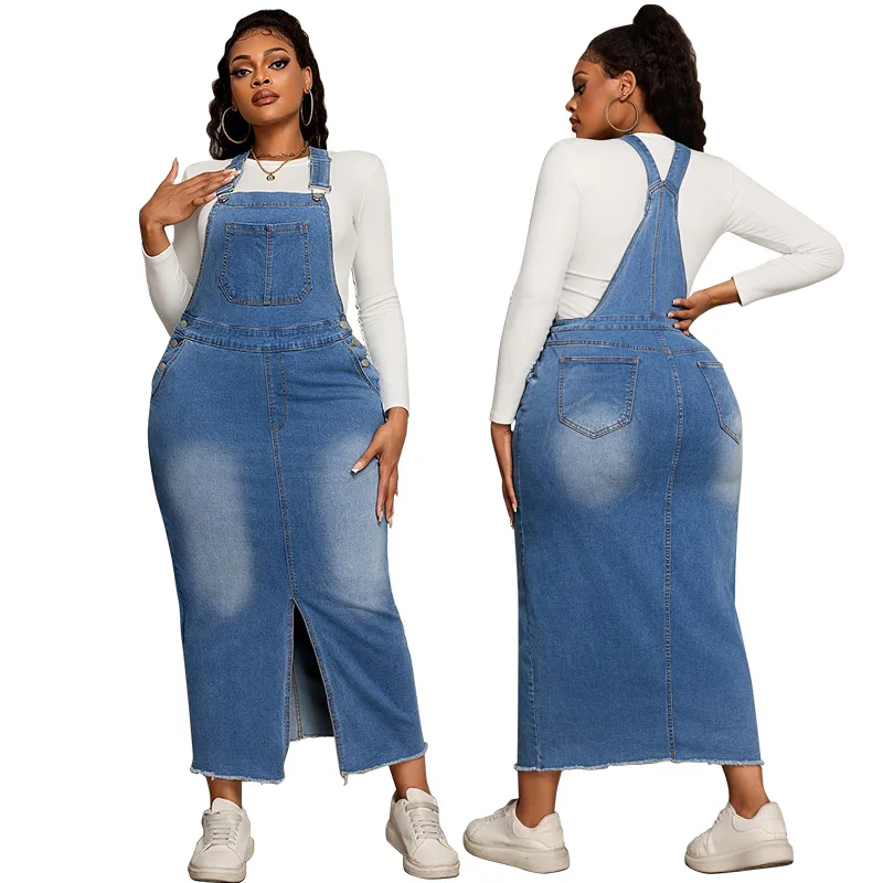 Robe en jean grande taille à bretelles – Style slim maxi décontracté pour femme