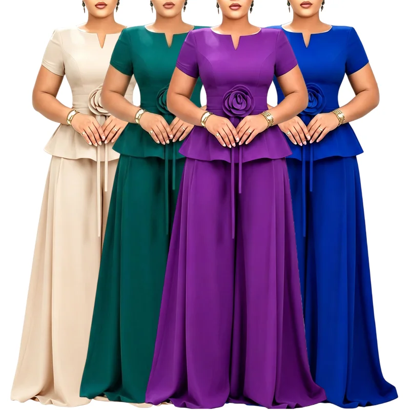 Ensemble 2 pièces femme – Haut volants col rond & pantalon large | Bureau & Été