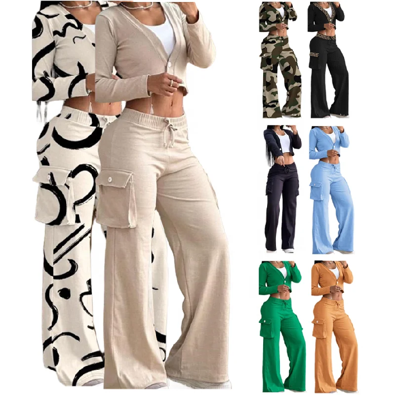 Ensemble 2 Pièces Femme C1210 – Haut Court Manches Longues & Pantalon Large Patchwork avec Poches