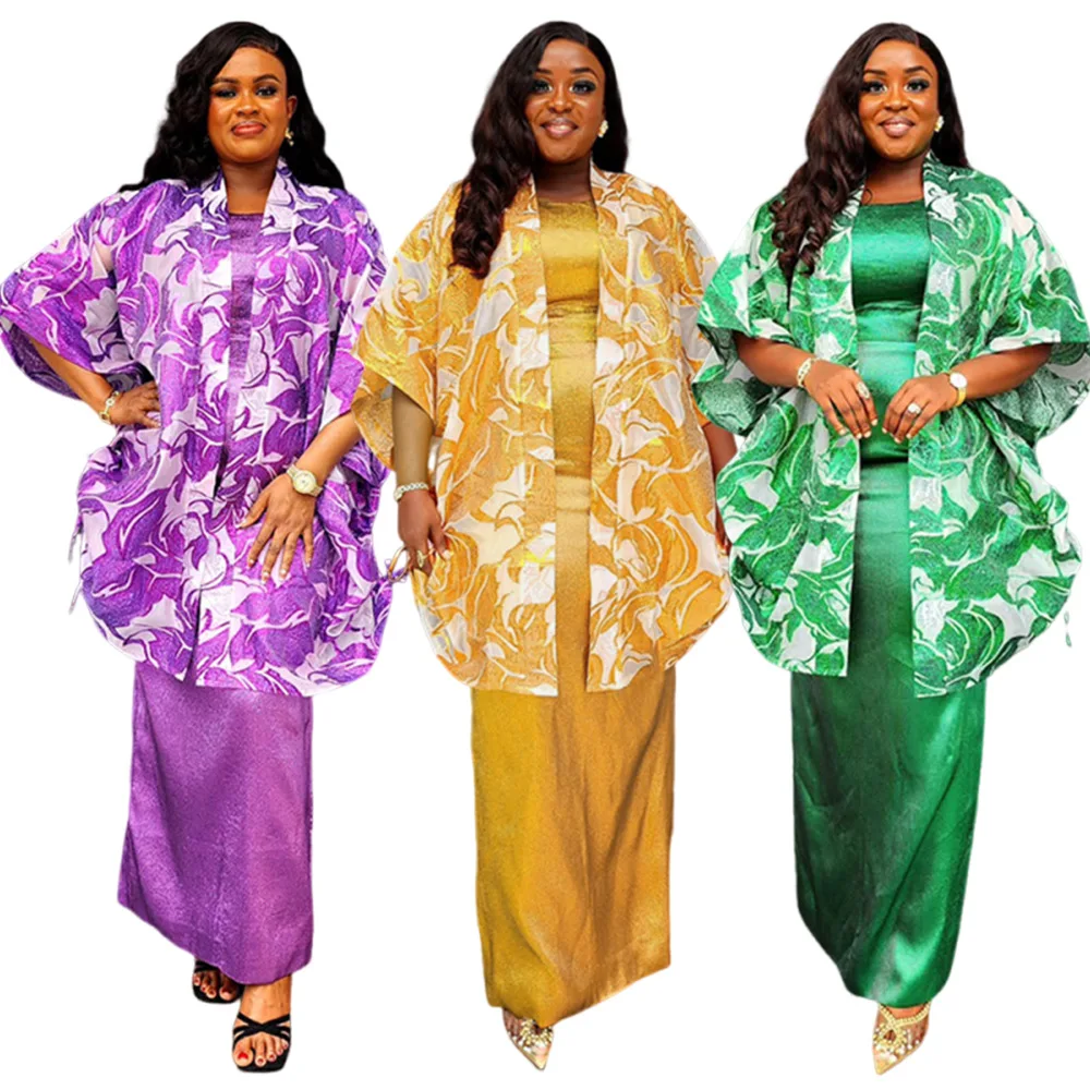 Ensemble 2 pièces Dashiki femme – Cardigan satin fleuri + robe intérieure | Toutes tailles
