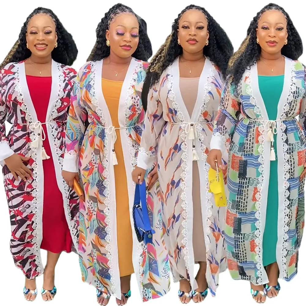 Ensemble Dashiki Africain S10033 – Cardigan Long + Robe Imprimée Dentelle Manches Longues