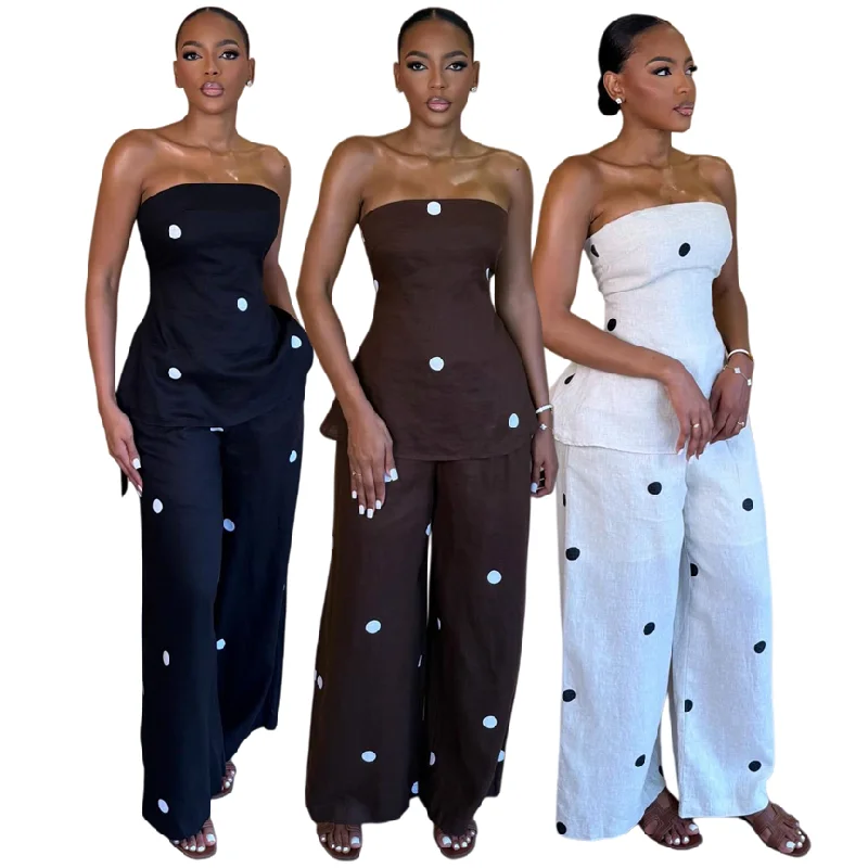 Ensemble 2 pièces femme : top sans bretelles à pois + pantalon taille haute – Style décontracté tendance