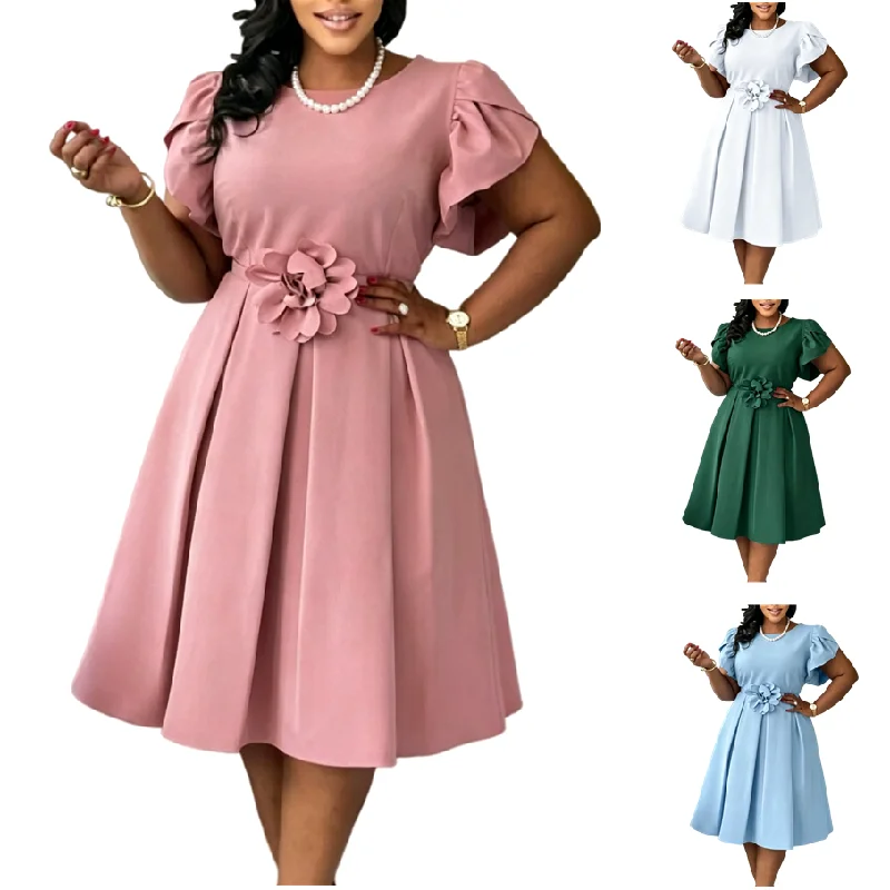 Robe Midi Femme Élégante à Manches Volantées & Fleurs 3D – Style Africain Chic D3370