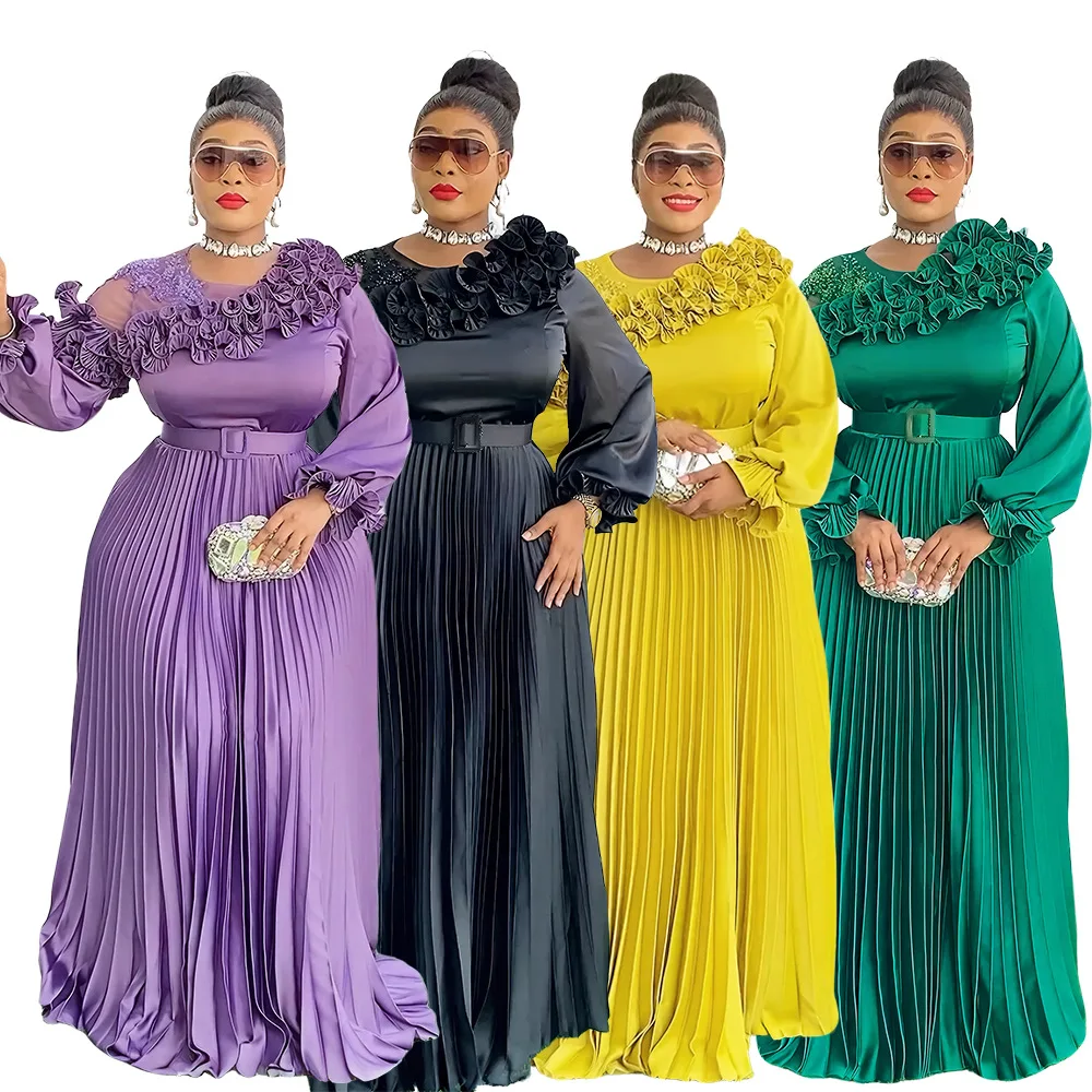Robe Maxi Élégante S10653 | Satin Plissé Ceinture & Fleur | Femme Toutes Saisons
