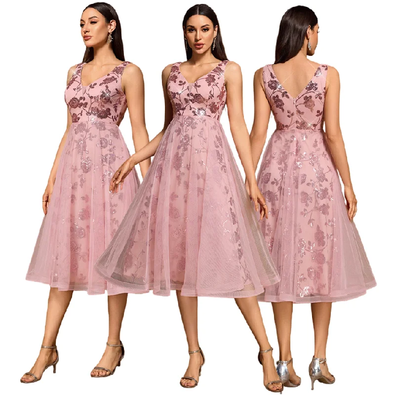Robe de Soirée Luxe à Sequins Col V Sans Manches – Coupe Trapèze Élégante TW00265