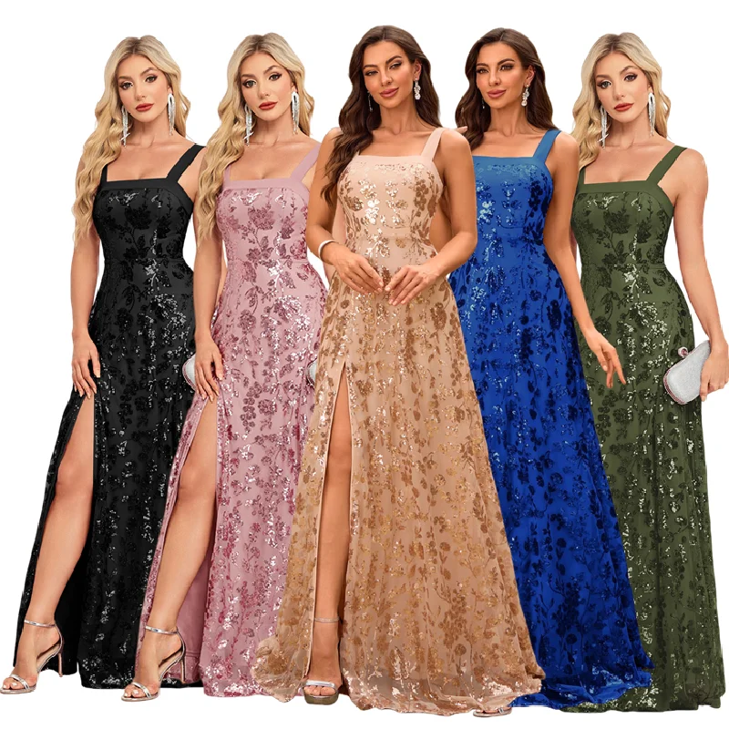Robe de Soirée Longue à Sequins & Broderie | Col Halter | Fente Latérale | Élégante Maxi