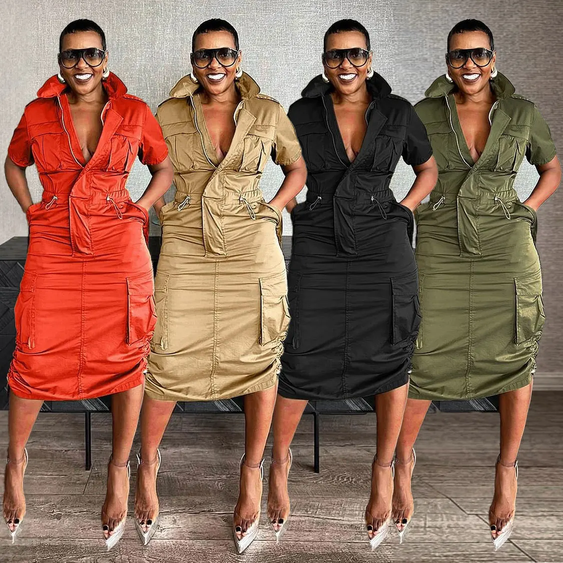 Robe Cargo Streetwear Femme K3320 – Midi, Poches & Cordon, Coupe A-Line
