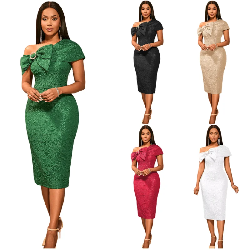 Robe Soirée Élégante Une Épaule Nœud Papillon Jacquard Ajustée Mi-Mollet Femme