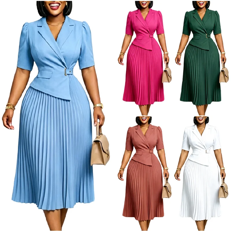 D631 Robe Plissée Col V Taille Haute – Élégante & Professionnelle pour Femme
