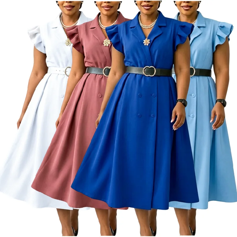 Robe Maxi Élégante Femme C8664 | Col V, Manches à Volants, Ceinture Incluse – Style Africain Bureau