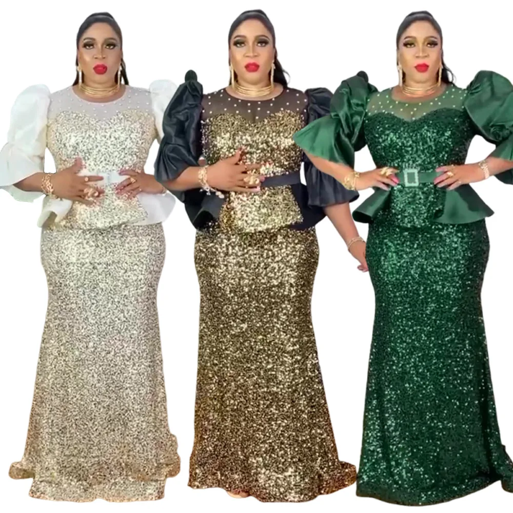 Robe de Soirée Sirène Luxe S10716 – Paillettes, Perles & Ceinture | Toutes Saisons