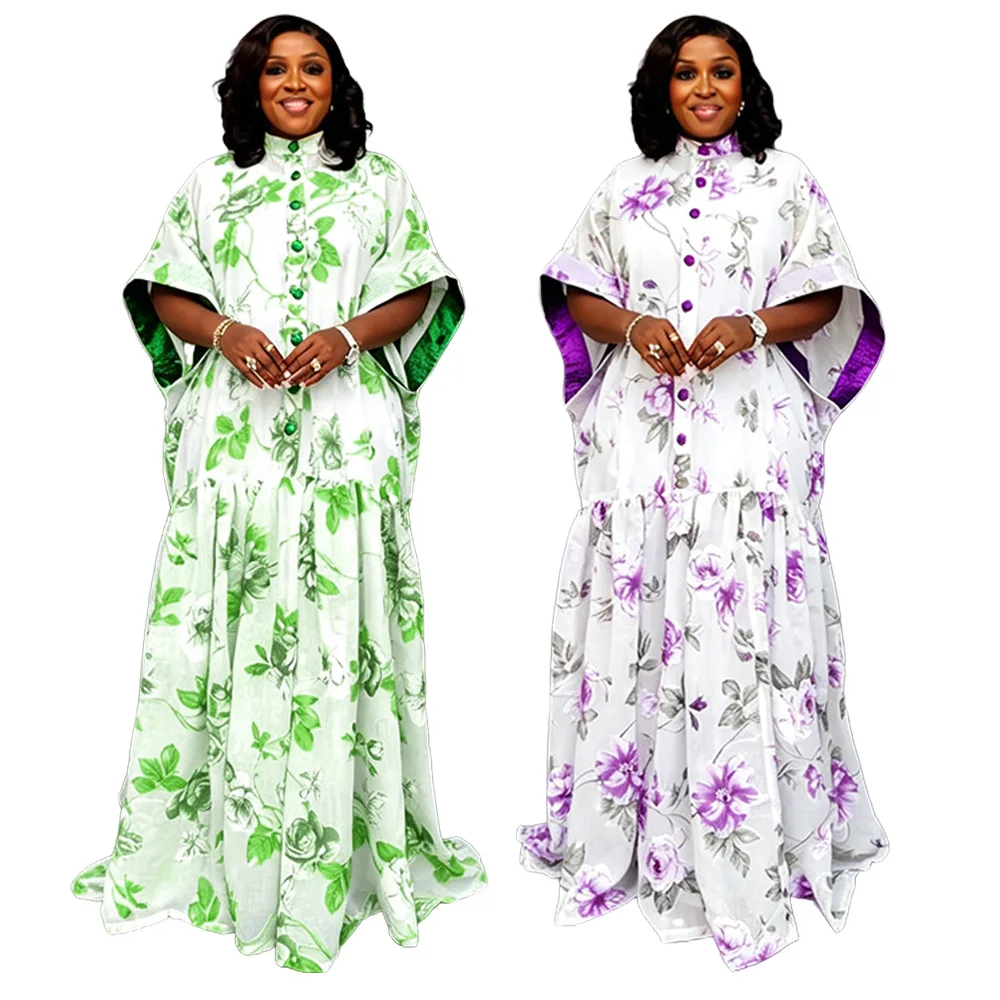 Robe Africaine Grande Taille Femme – Mousseline Imprimée, Manches Chauve-Souris, Longue & Élégante