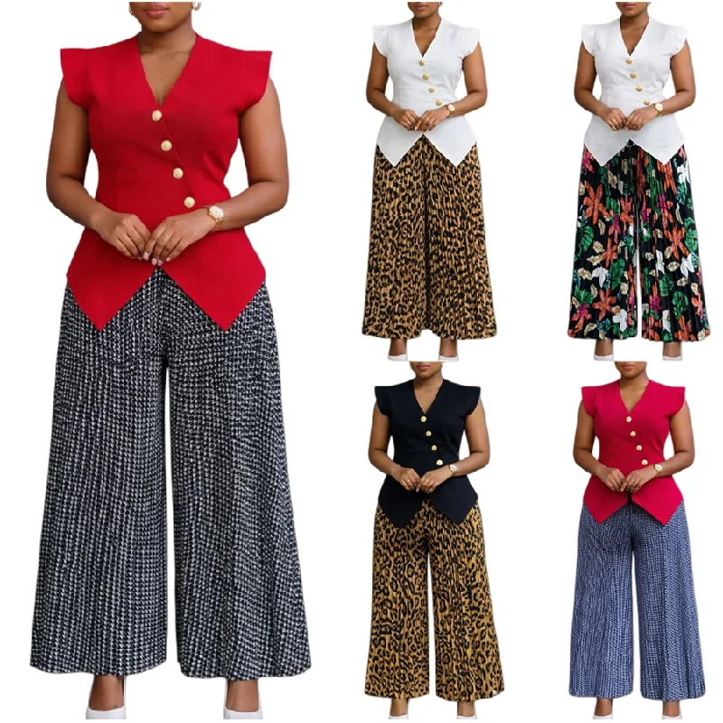 Ensemble 2 pièces femme D632 – Haut col V sans manches & pantalon large imprimé plissé