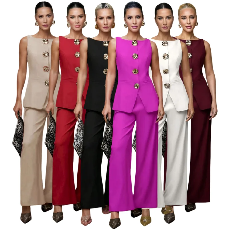 Ensemble 2 Pièces Femme Blazer Sans Manches & Pantalon Large – Boutons Dorés, Style Bureau Chic