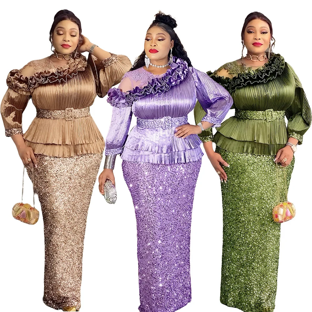 Robe de Soirée Élégante S10980 – Col Volants, Sequins & Ceinture | Manches Longues