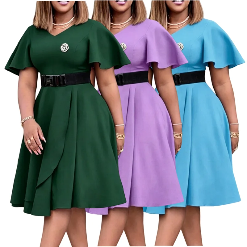 Robe Midi Femme Col V Manches Volants Taille Haute Style Africain Élégant D3369