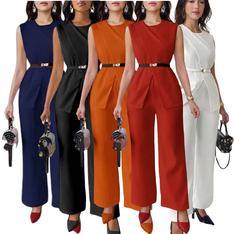 Tailleur 2 pièces femme Y9660 – Haut sans manches & pantalon droit avec ceinture