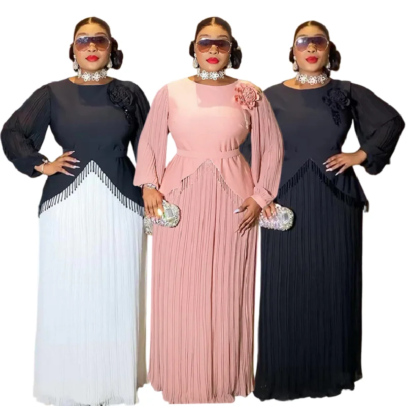 Robe Longue Élégante S10718 – Manches Lanterne, Col Rond, Plissée & Fleurie
