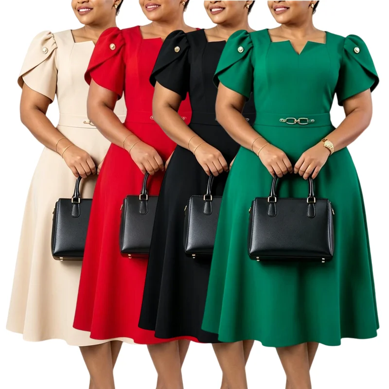 Robe Midi Élégante Col V Asymétrique – Coupe A-Line Taille Haute, Décontractée & Formelle