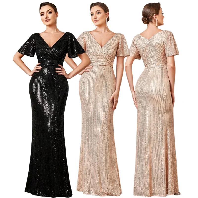 Robe Sirène de Soirée à Paillettes RY2301 – Col V, Manches Courtes, Longueur Sol