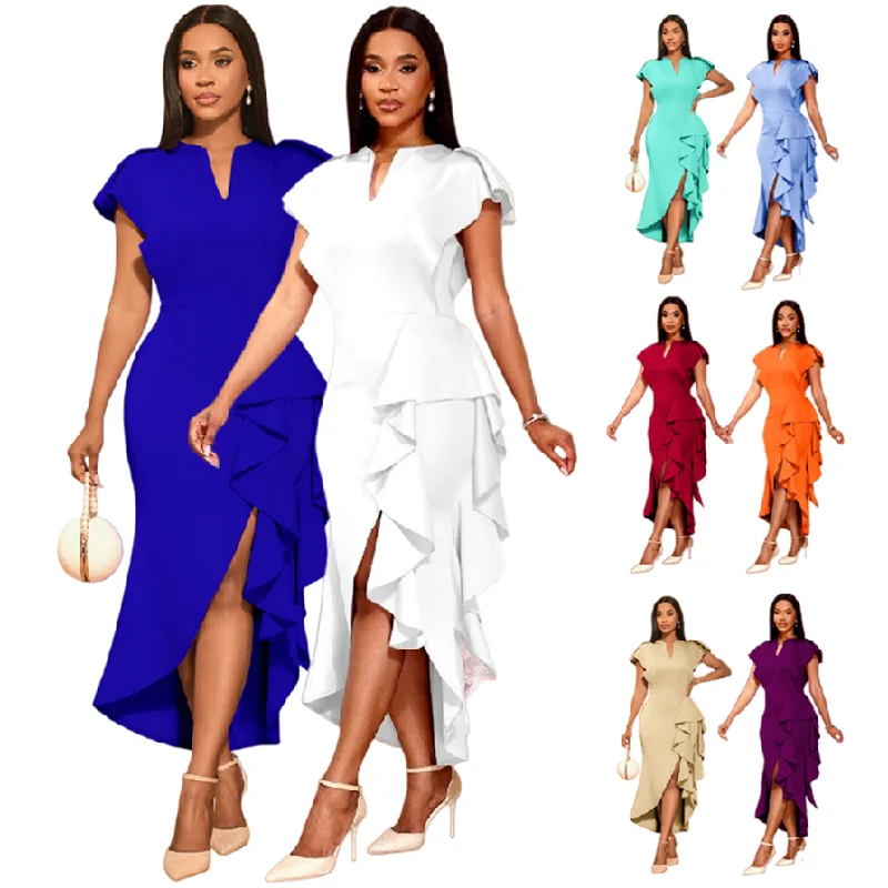 Robe de Soirée Élégante Col V Taille Empire Asymétrique à Volants – Maxi Fente