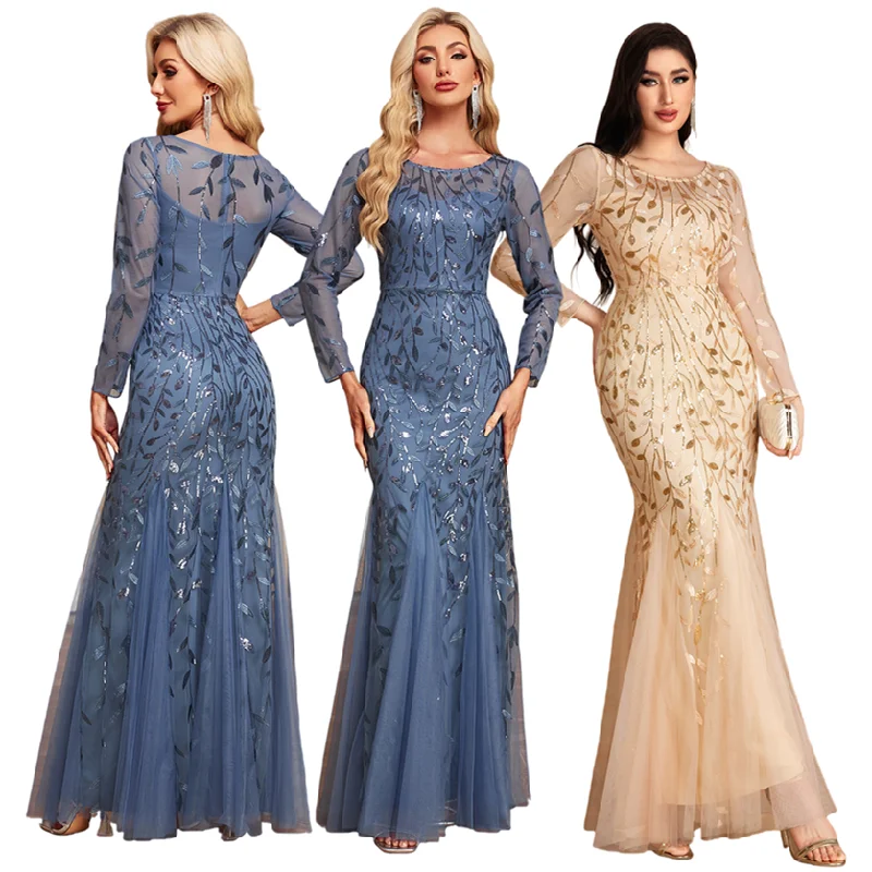 Robe Sirène Luxe à Sequins – Maille Élégante Manches Longues Col Rond | Soirée & Banquet