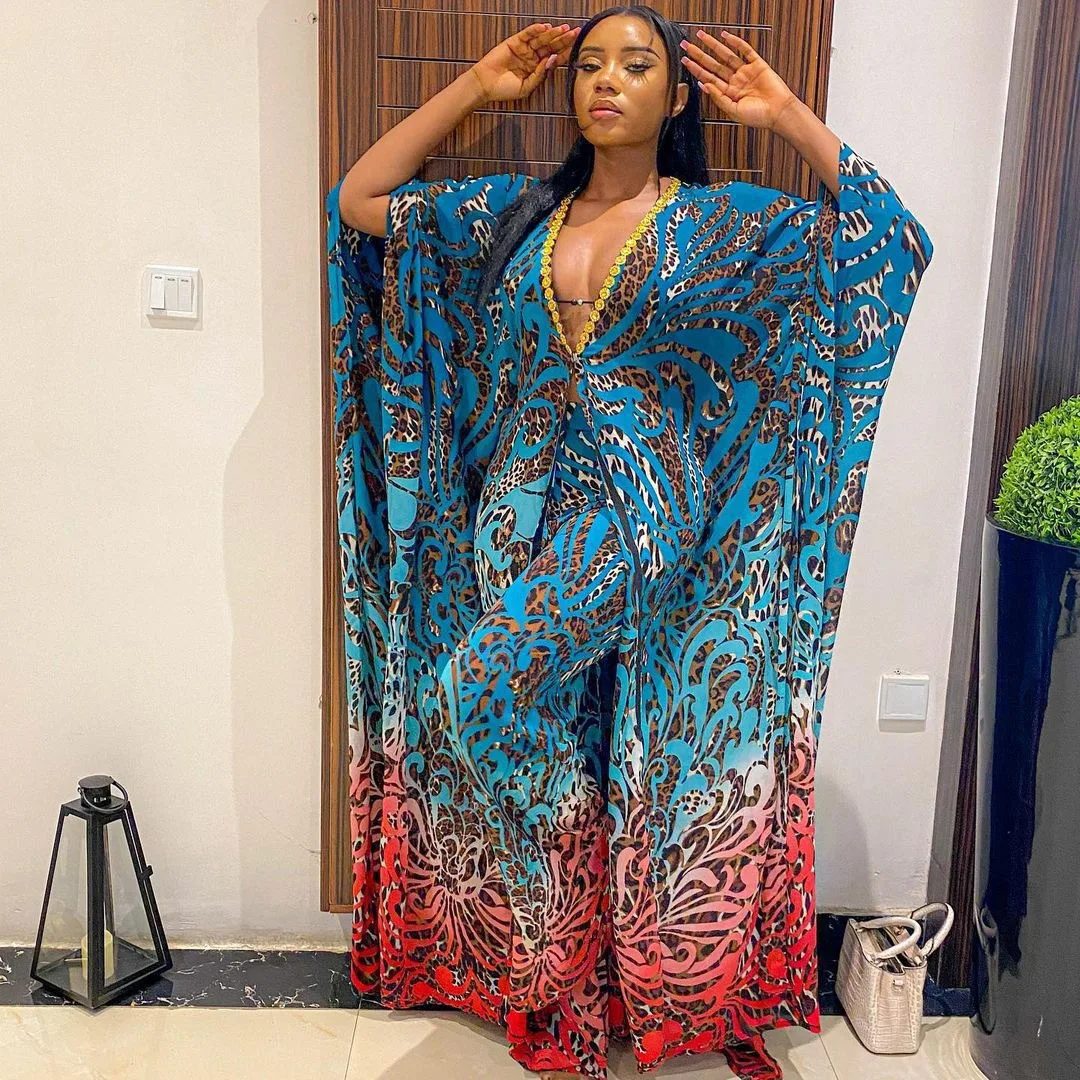 Ensemble 2 pièces Dashiki Femme – Cardigan Mousseline Imprimé & Pantalon Ample | Tenue Africaine Tendance
