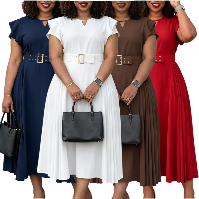 Robe longue plissée à volants D629 – Taille haute, manches courtes, style élégant & décontracté