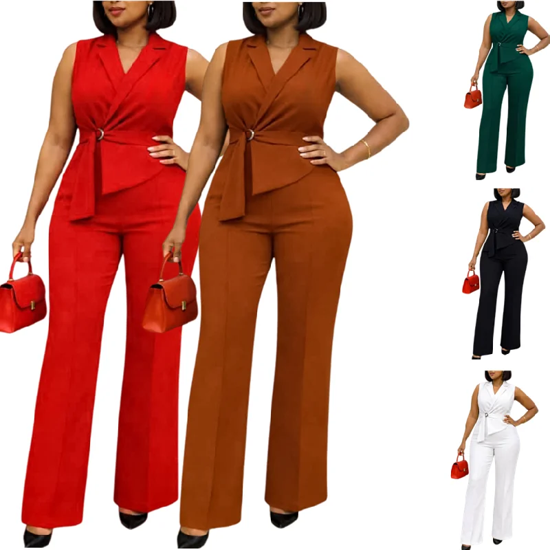Combinaison femme élégante sans manches col V, jambes larges, taille haute – Collection Été