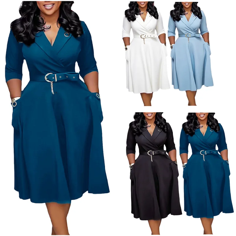 Robe de travail élégante col V manches mi-longues – Ligne A empire, toutes saisons D3341