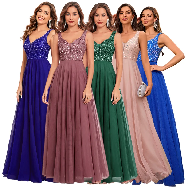 Robe de soirée longue à sequins col en V – Élégante & Glamour TW00156