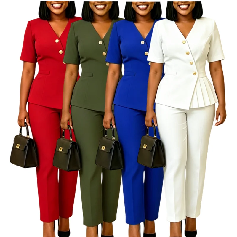 Ensemble 2 pièces Femme – Blazer Col V & Pantalon Slim | Tenue Bureau Chic
