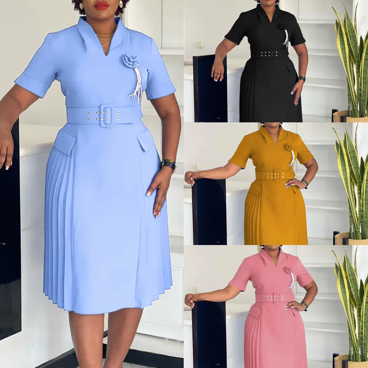 Robe Midi Élégante Col V Plissée – Style Bureau & Décontracté pour Femme