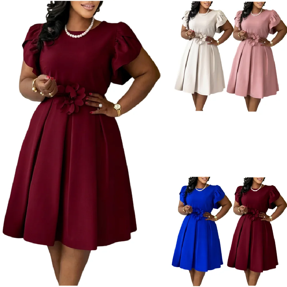 Robe Midi Femme C8657 – Col Rond, Manches Bouffantes & Décoration Florale