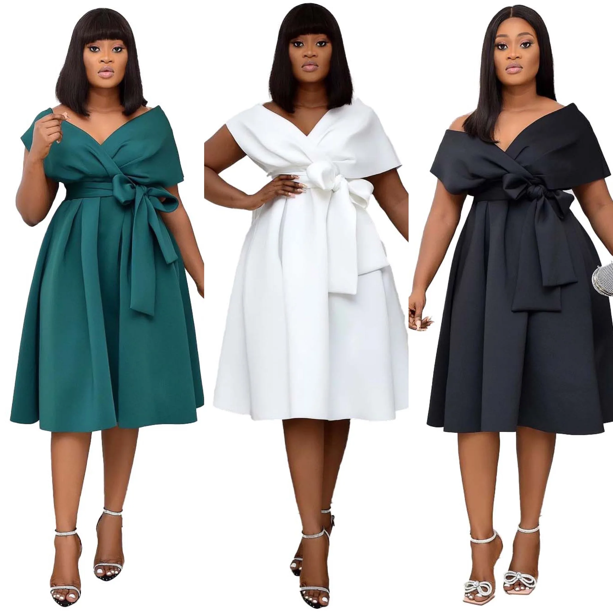 Robe Africaine Élégante Col V | Manches Courtes | Grande Taille | Toutes Saisons D3027C