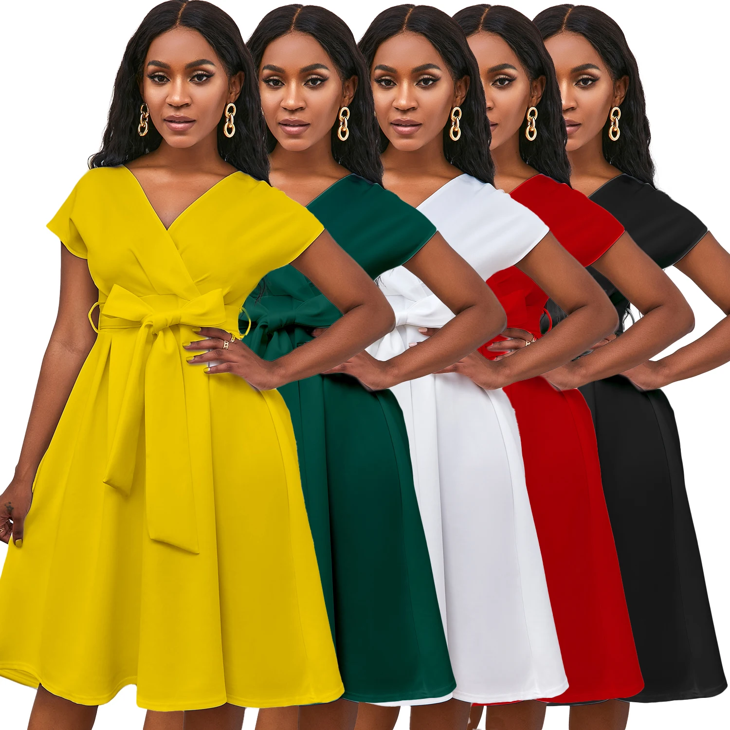 Robe Élégante Femme Col V Nœud Bandage Coupe A-Line Manches Courtes – Style Bureau & Soirée