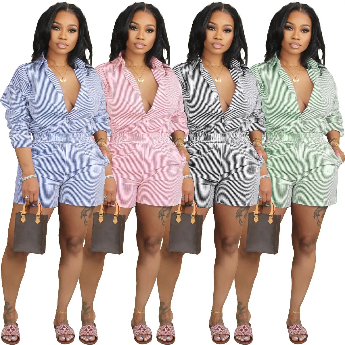 Ensemble 2 pièces femme BN340 – Chemise rayée manches longues & short d'été